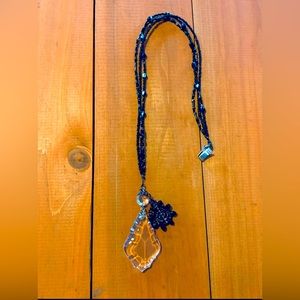 Beaded Black 21” Sun Catcher Door Hanger w Vintage Italian Chandelier Crystal